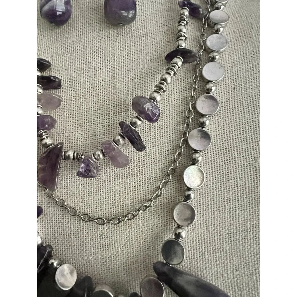 Genuine Amethyst Triple Layer Statement Necklace And Earrings Set 19